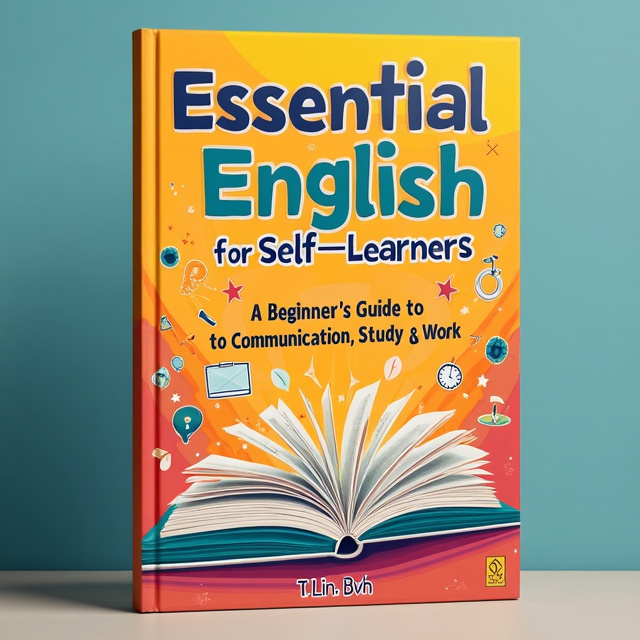 The cover features a background of vibrant colors, representing the energy and excitement of learning. In the center, there is an open book with pages flying out, symbolizing the idea of self-learning and exploration. Surrounding the book are various icons and symbols representing different aspects of communication, study, and work. These elements create a sense of curiosity and engagement.