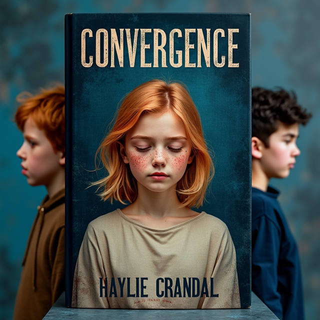 The cover features a dark navy blue background with a subtle texture. In the center, a sixteen-year-old girl with strawberry blond hair and freckles is depicted wearing a cream-colored tunic. Her eyes are closed, indicating concentration. To her left, a side profile of a sixteen-year-old boy with strawberry blond hair and freckles is shown, smiling softly with a dimple in his cheek. On the right side, an eighteen-year-old boy with short black hair and a concerned expression is also seen in profile. The composition creates a sense of mystery and confusion, reflecting the book's genre.