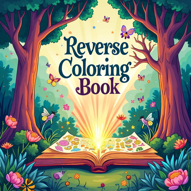 The cover features a vibrant and whimsical illustration of a magical forest with trees in various colors, from the bottom up, transitioning from dark to light shades. At the center of the forest, there is a magical book with pages filled with intricate patterns and enchanting illustrations. Rays of light emanate from the book, casting a warm and inviting glow. Various fantastical creatures like fairies, unicorns, and talking animals are seen interacting playfully in the background.