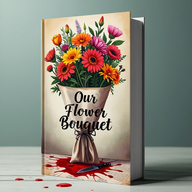 The cover features a vibrant and colorful flower bouquet, with each flower meticulously illustrated to showcase its unique beauty. The bouquet is wrapped in a newspaper, giving it a sense of nostalgia and mystery. However, upon closer inspection, the flowers are covered in blood, and there are knives and notes scattered around the bouquet on the floor.