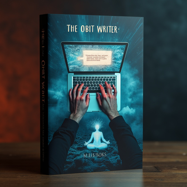 The cover showcases a montage of three separate images. In the center, a pair of man's hands are shown typing on a laptop keyboard, with a glowing screen displaying a mysterious message. On the left side, a female spirit medium is depicted in a trance, conjuring a wispy spirit. On the right side, an ethereal ghostly being is sitting cross-legged in the mist of a dark cave. The background is a combination of black and navy-blue, creating a sense of mystery and intrigue.