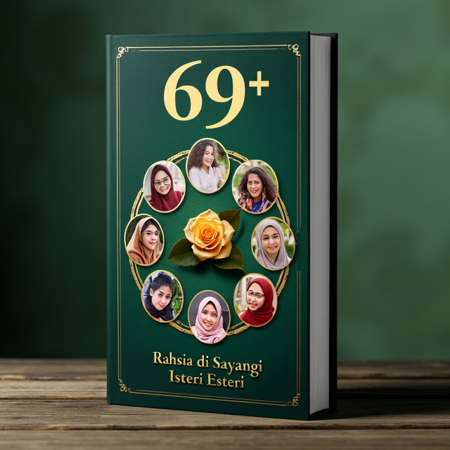 The cover features a collage of several wife images, representing the various characters in the book. The images are arranged in a circular pattern, with some wives wearing hijab and others without. In the center, there is a gold rose, symbolizing love and beauty. The background is a gradient of green, adding a touch of mystery to the design.