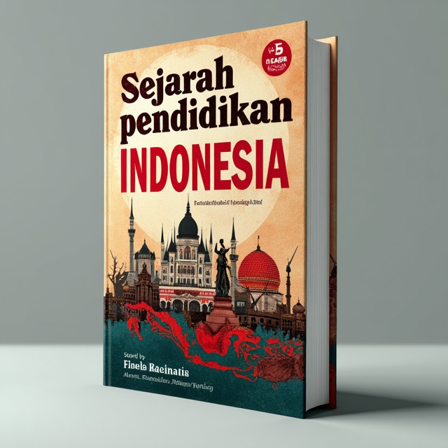 The cover features a bold and vibrant illustration of iconic Indonesian landmarks and historical figures layered over a faded map of Indonesia. The title is prominently placed at the top, with the word "Sejarah" in a bold, distressed font and "pendidikan Indonesia" in a clean, modern font. The illustration is rendered in a stylized and dynamic manner, with strong lines and vibrant colors to evoke a sense of nationalism and pride.