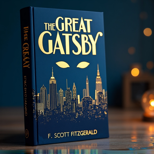 A deep, rich navy blue background with a large, art-deco-inspired gold silhouette of the New York City skyline, including a prominent figure of the fictional East Egg and West Egg mansions. The title "The Great Gatsby" is in bold, elegant gold lettering at the top, with F. Scott Fitzgerald's name beneath it in smaller font. In the background, a faint, ethereal image of a pair of eyes, representing Dr. T.J. Eckleburg's billboard, appears just above the skyline, blending into the night sky.