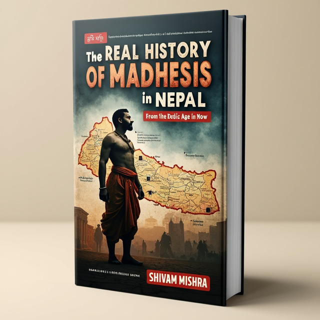 The central focus of the cover is a powerful image of a historical figure, like a traditional Madhesi leader, standing against a backdrop of the Terai region map. The map is subtly integrated into the background with historical and cultural elements. In the middle section, there is an illustration of a traditional Madhesi attire, representing the cultural richness and resilience of the community. The top section features the book title in bold, impactful font with a traditional touch, while the bottom section includes the author's name and a tagline.