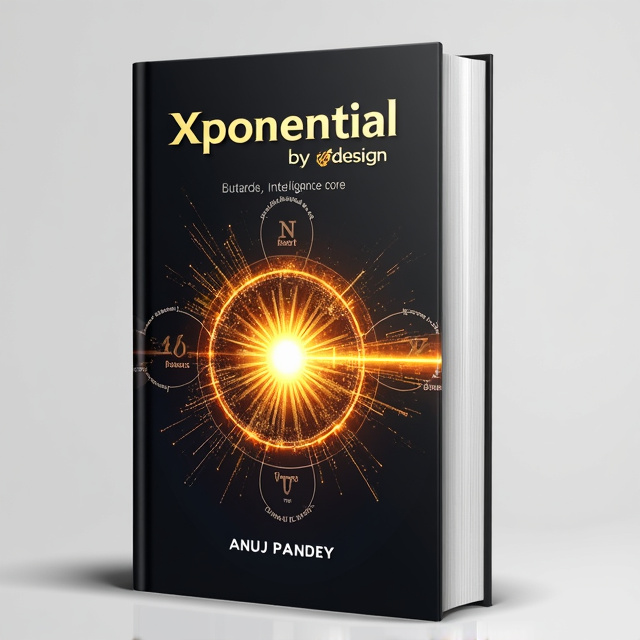 The cover features the symbol of nuclear fusion at the center, with rays of light emanating from it. Surrounding the symbol are three circles representing the elements of neutrons, protons, and electrons. The circles are interconnected, showing the integration between the elements. The title "Xponential by design" is placed prominently at the top, with the letter "X" highlighted in bold and a golden color similar to the Intelligence core. The author name, "Anuj Pandey," is placed at the bottom of the cover.
