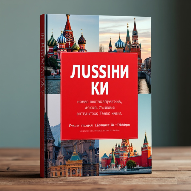 The cover features a dominant red square in the center, representing the Russian flag. The background is split into four sections, each showcasing a picture of a different Russian city or historical landmark, such as Moscow and Saint Petersburg.