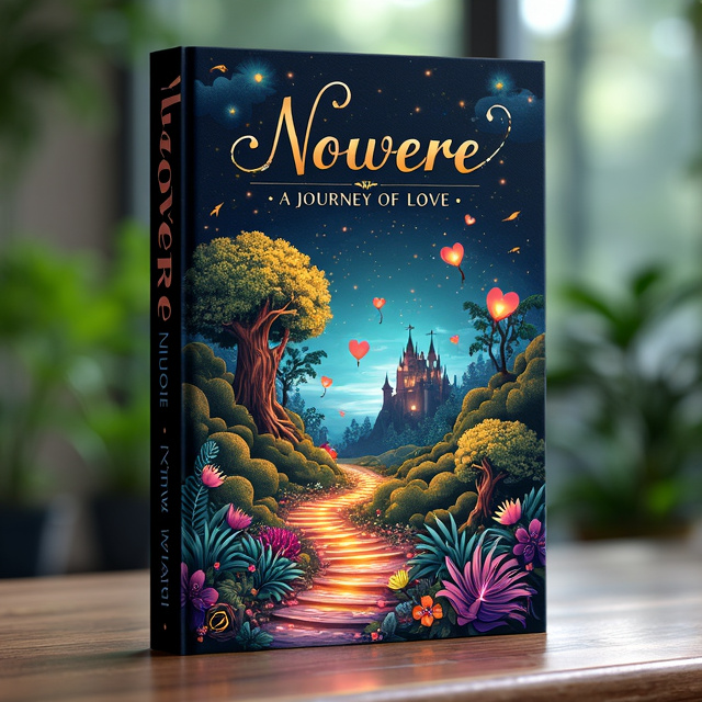 The cover features a black background with a whimsical illustration of a mystical landscape at the center. The landscape depicts a journey through a magical forest with glowing flowers, floating islands, and a winding path leading to a castle in the distance. The image is surrounded by swirling ribbons of vibrant colors representing love and adventure.