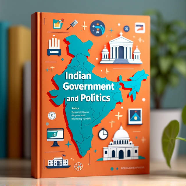 The cover features a vibrant and eye-catching design, with a combination of bold and contrasting colors. The central focus of the design is a stylized map of India, representing the book's relevance to the country. Surrounding the map are various political symbols and icons, like a ballot box, a parliament building, and a political party symbol. These elements are arranged in a dynamic and engaging way, creating a sense of movement and energy.