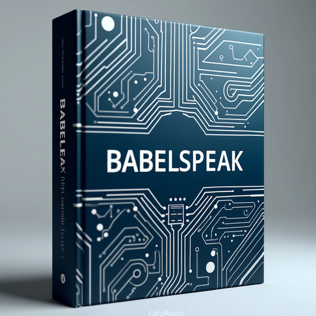 The cover features a futuristic and abstract design, with a circuit board pattern in the background. At the center, the title "BABELSPEAK" is horizontally placed at full width, in a clean and modern font. The subtitle "for intelligent computers only" is placed below the title, in a smaller and more minimalist font. The color scheme includes shades of blue and silver, giving a high-tech and sophisticated look.
