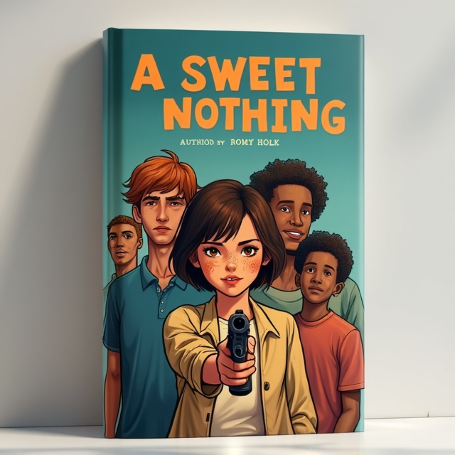 The cover features a girl with short brown hair and freckles on her nose in the center. She is holding a gun in her hand. To her left is a larger guy with curly brown hair and tan skin. On her right is a taller guy with dark curly hair and bright skin. Behind the three characters is a guy with orange hair and freckles on his face. Next to him is a guy with brown hair and freckles on his face.