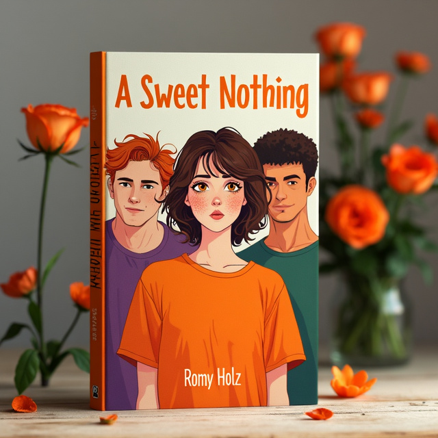 The cover features a girl with short brown/blond hair, freckles on her nose, and light skin wearing an orange t-shirt in the center. On one side, there is a larger guy with curly brown hair and tan skin in a violet shirt, and on the other side, there is a taller guy with dark curly hair, in a red shirt, and light skin. Behind them, there is a guy with orange hair, light skin, freckles on his face, in a green shirt, and next to him, a guy with brown hair, light skin, freckles on his face, and in a dark green shirt. In the background, there are flowers.