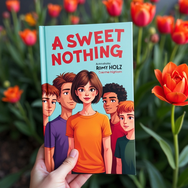 The cover features a girl with short brown/blond hair and freckles on her nose, wearing an orange t-shirt, standing in the center. She is flanked by three guys; one with curly brown hair and tan skin wearing a violet shirt, another with dark curly hair and light skin wearing a red shirt, and the last one with orange hair, light skin, and freckles on his face, wearing a green shirt. Behind them is a guy with brown hair, light skin, and freckles on his face, wearing a dark green shirt. The background is filled with flowers.