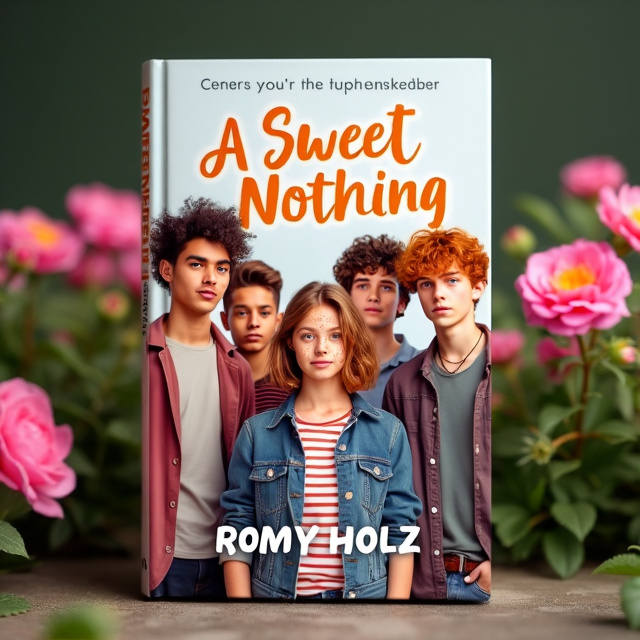 The cover features a scene with five teenagers standing together. In the center, a girl with short brown/blond hair and freckles on her nose is flanked by a taller guy with curly brown hair and tan skin on one side, and a taller guy with dark curly hair and bright skin on the other side. Behind them, there is a guy with orange hair, bright skin, and freckles on his face, and next to him, a guy with brown hair and freckles in his face. The background is filled with vibrant and colorful flowers.