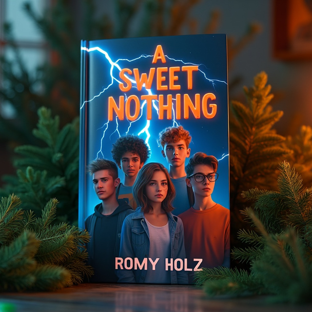 The cover features a dark and ominous background with bursts of bright lightning illuminating the scene. In the center, we see a group of five people, all around the age of 15, representing the main characters of the book. A girl with short brown/blond hair is positioned in the center, surrounded by a guy with curly brown hair and tan skin on one side, and a tall guy with dark curly hair and bright skin on the other side. Behind them, there is a guy with orange hair and freckles, along with a guy with brown hair and freckles on his face.