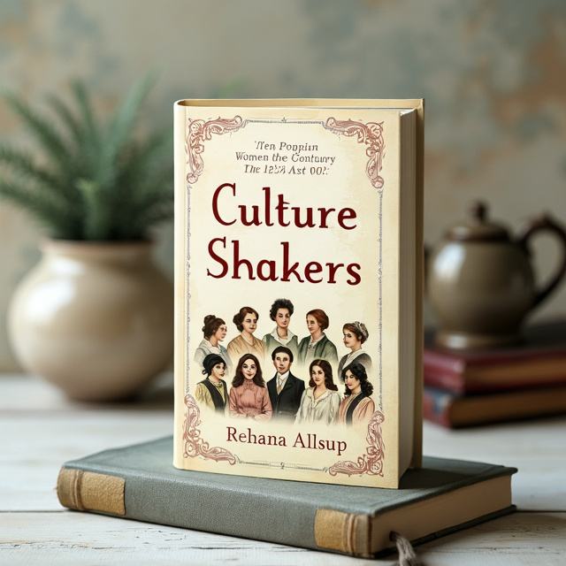 The cover features a vintage-style illustration of ten prominent women of the 19th century, each depicted in a whimsical and feminine way. They are arranged in a semi-circle, with the author's name and title centered above them. The background is a soft, muted color palette with subtle patterns and textures that give a historical feel.