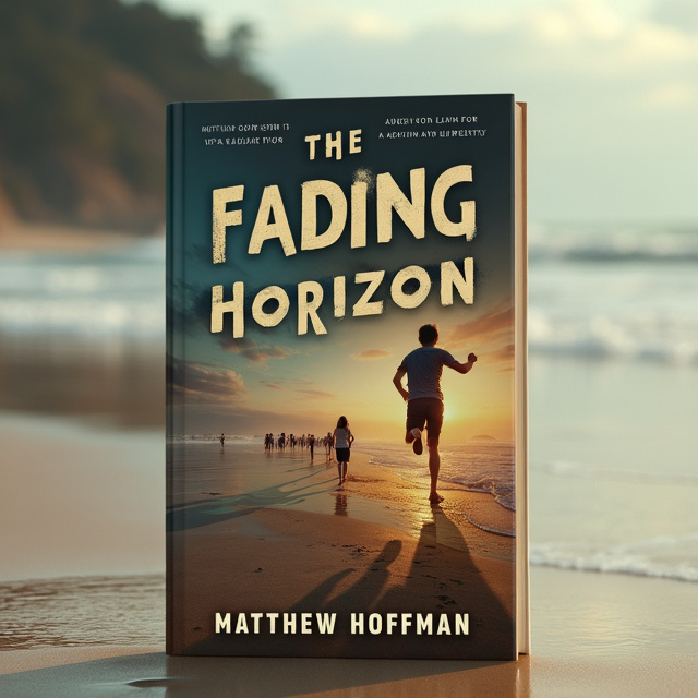 A teenager running on a beach, with a fading horizon in the background. People are disappearing around him, creating a sense of urgency and adventure.