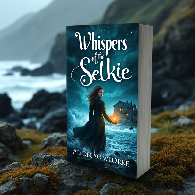 The cover features a striking image of the protagonist standing on a stormy coastline, with waves crashing against jagged rocks in the background. The focus is on the protagonist, with her intense expression and glowing eyes drawing the viewer's attention. The ancient locket emitting a soft, magical light is prominently displayed in her hand. The mystical sea creatures lurking beneath the waves and the weathered cottage in the distance add an element of mystery and fantasy to the scene.