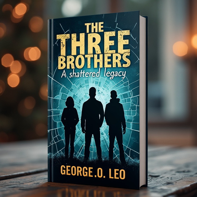 The cover features a close-up shot of three silhouetted figures standing side by side against a backdrop of a shattered glass pane. The figures represent the three brothers, and their determined expressions convey curiosity and determination. The shattered glass symbolizes the shattered legacy they are seeking to uncover. The overall style is dark and mysterious, with a hint of intrigue.