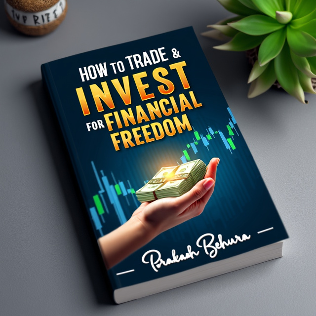 The cover features a vibrant and dynamic image of a stock market graph, with upward trends and rising numbers. The central focus is on a person's hand, holding a stack of money, representing financial freedom. The image is contrasted against a dark background, creating a sense of intensity and urgency.