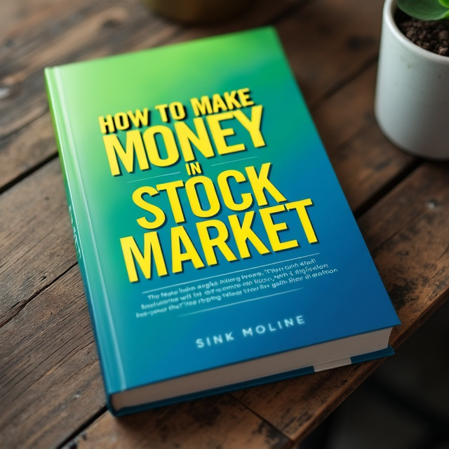 a book mockup, placed in an environment that complements the book's design and mood. Its title is "how to make money in stock market".  The cover features a bold and eye-catching design with the words "How to Make Money in Stock Market" arranged in a staggered fashion, forming a dynamic and visually appealing composition. The words are placed on a background that fades from a vibrant green to a deep blue, symbolizing growth and stability in the stock market. The title is written in a modern and sleek font, with each word in a different color to add visual interest. The font choice is clean and easy to read, complementing the overall design., The words are arranged diagonally across the cover, starting from the top left corner and ending at the bottom right corner. This layout creates a sense of movement and guides the viewer's eye from one word to another.