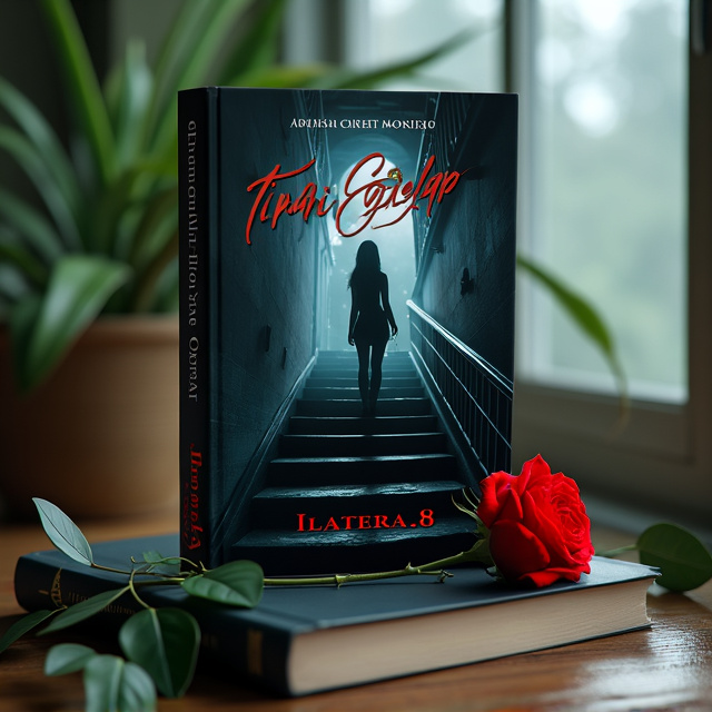 The cover features a dark and mysterious staircase leading into darkness, with a hesitant woman standing at the top, symbolizing Alya's journey into the unknown. The background is shadowy, with subtle silhouettes of a man and a woman, representing the secret affair and the emotional tension surrounding it. A red rose with thorns is placed on the edge of the staircase, signifying the dangerous and destructive nature of love.