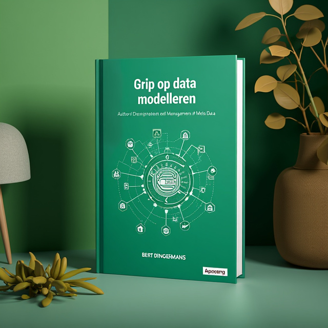 The cover consists of a vibrant green background that represents the book's primary color preference. At the center, there is an abstract representation of data modeling, with interconnected nodes and lines symbolizing the manipulation and organization of data. Surrounding the data model, there are elements representing database management and meta-data.