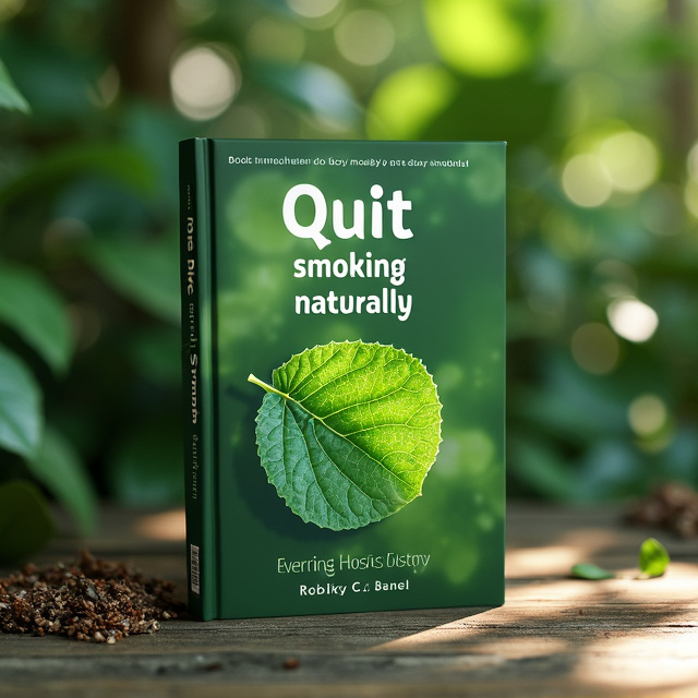 The cover features a close-up image of a lush green leaf, symbolizing nature and health. In the background, there is a faded image of a cigarette being crushed, representing the act of quitting smoking. The title is prominently displayed at the top in bold white letters, while the subtitle is placed below in a smaller font. The overall color palette consists of natural greens and earth tones, creating a harmonious and calming effect.