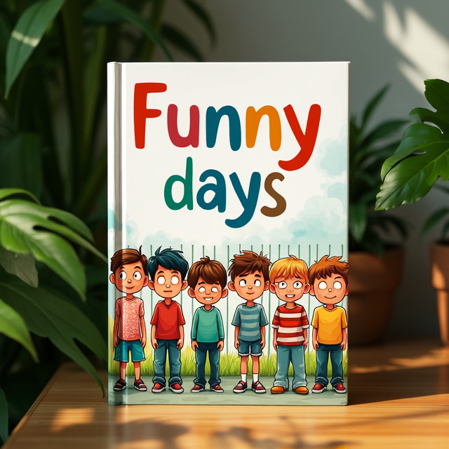 The cover features a white background with a vibrant cartoon-style illustration in the center. The illustration depicts six boys and one girl standing in front of a fence, exhibiting various facial expressions and body language. The illustration is colorful and visually engaging, capturing the essence of drama, comedy, mystery, and happiness.