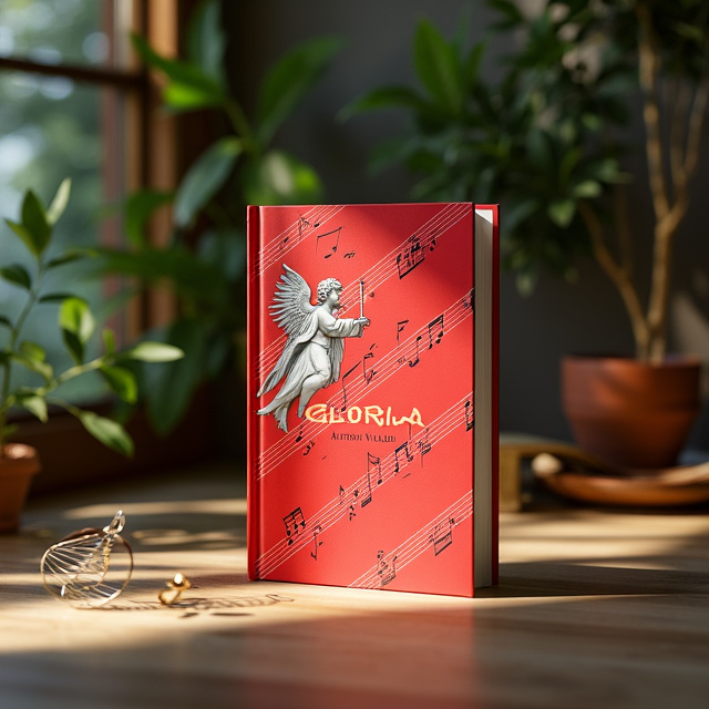 The cover features a vibrant red background with a musical staff pattern flowing diagonally across the page. In the upper left corner, an angel is depicted playing a musical instrument, surrounded by musical notes. The title "GLORIA - RV 589" is placed at the center of the cover, with the author name "Antonio Vivaldi" below it.