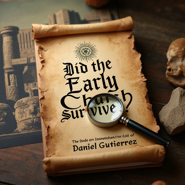 The cover features an ancient parchment scroll with the title "Did the Early Church Survive?" written in bold, antiquated font. A magnifying glass is positioned over the word "Survive," highlighting the theme of curiosity and discovery. In the background, faded images of ancient ruins and artifacts add a sense of history and archaeology.