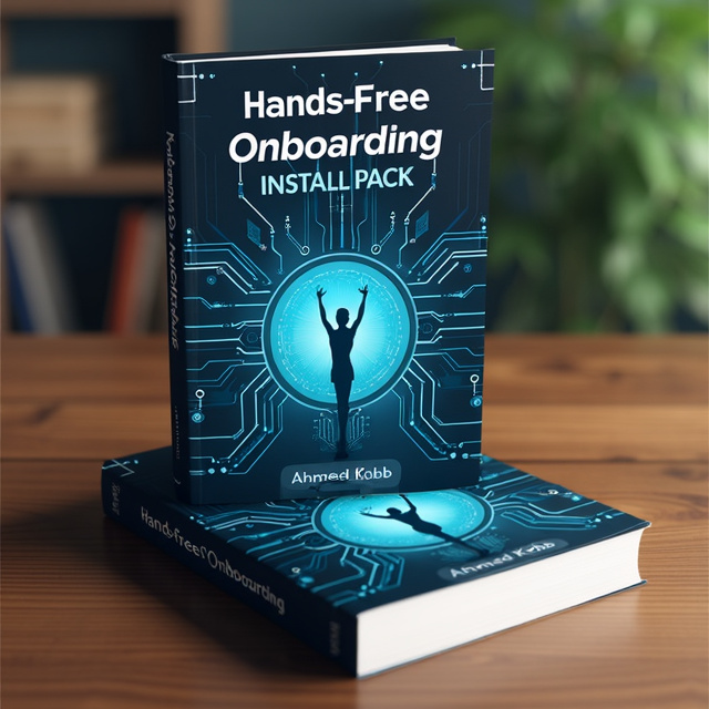 The cover features a clean and modern design with a background of circuit lines and interconnected nodes to represent the technological aspect of the book. In the center, there is an image of a person with their hands raised, symbolizing the hands-free onboarding concept. The title is displayed prominently at the top, and the author's name is shown at the bottom.