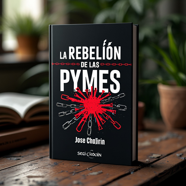a book mockup, placed in an environment that complements the book's design and mood. Its title is "La Rebelión de las PYMES". Its author name is José Chojrin.  The cover features a bold and impactful image of chains being shattered, symbolizing the rebellion of the small and medium-sized businesses. The chains are depicted in black and red colors to represent urgency and passion. The background is a dark shade of black to create a sense of mystery and intrigue. The title "La Rebelión de las PYMES" is written in a modern and strong font, with each word separated by a chain link to further emphasize the theme. The author's name, José Chojrin, is placed in a smaller and more elegant font at the bottom of the cover., The image of the broken chains is placed in the center of the cover, with the title positioned above it in a bold and eye-catching manner. The author's name is placed below the image in a smaller size to maintain focus on the main visual element.