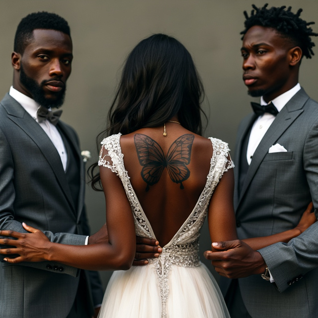 The cover features a blue-eyed beautiful ebony girl with long hair wearing a wedding dress. She has a butterfly tattoo on her back, emphasizing her femininity and freedom. She stands between two American handsome and dangerous brothers, each holding one of her arms. Their intense gazes convey the underlying tension and desire between them.