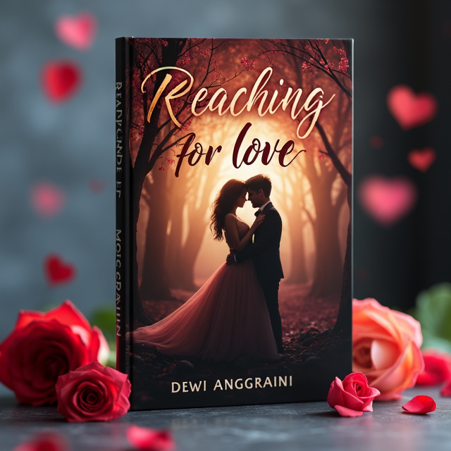 The cover features a stunning, dark background with a soft glow emanating from the center. In the middle, there is a beautiful photograph of a couple in an intimate embrace, symbolizing the essence of love. The title "Reaching for Love" is placed elegantly above the photo, in a bold and cursive font. The author's name, Dewi Anggraini, is placed at the bottom of the cover in a smaller, yet still noticeable font. Additional supporting elements such as hearts and roses are scattered tastefully throughout the design.