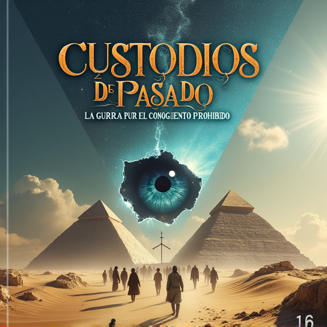 The cover features a hyper-realistic antique style, with a focus on ancient architecture and symbols. On the left half, the pyramids of Giza are depicted, while on the right half, an Antarctic pyramid is shown. In the middle of the sky, a tear cracks open to reveal the universe, with a hyper-realistic eye observed through the opening. Religious and cult symbols surround the eye on both sides. Eleven people are walking towards the pyramids on the sandy ground, symbolizing the journey of discovery.