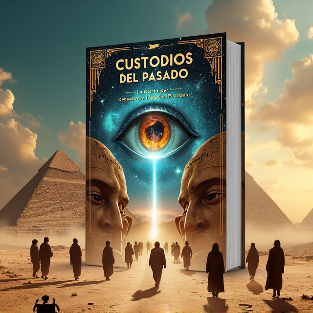 The cover features a hyperrealistic ancient style with a focus on architecture and symbols. On the left half, the pyramids of Giza are depicted, while on the right half, the Acadian cylinder displays three deities from the Anunnaki, Inanna, Utu, and Enki. In the middle of the sky, a tear opens up to reveal the universe, with a hyperrealistic eye peering through the opening. Religious and cult symbols surround the cover on both sides. Eleven figures are seen walking on the sandy ground.