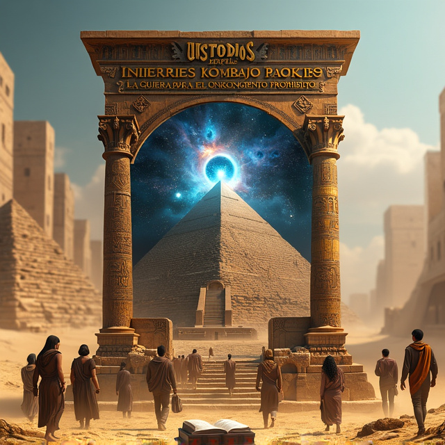 The cover features an ancient hyper-realistic style, with a focus on architecture and symbols. The left half showcases the Giza Pyramids, while the right half displays the Akkadian Cylinder depicting Inanna, Utu, and Enki, three deities belonging to the Anunnaki. In the middle of the sky, a tear opens up to reveal the universe, with a hyper-realistic eye observing through the opening. Religious and cult symbols surround the cover on both sides. Eleven people walk on the sandy ground.