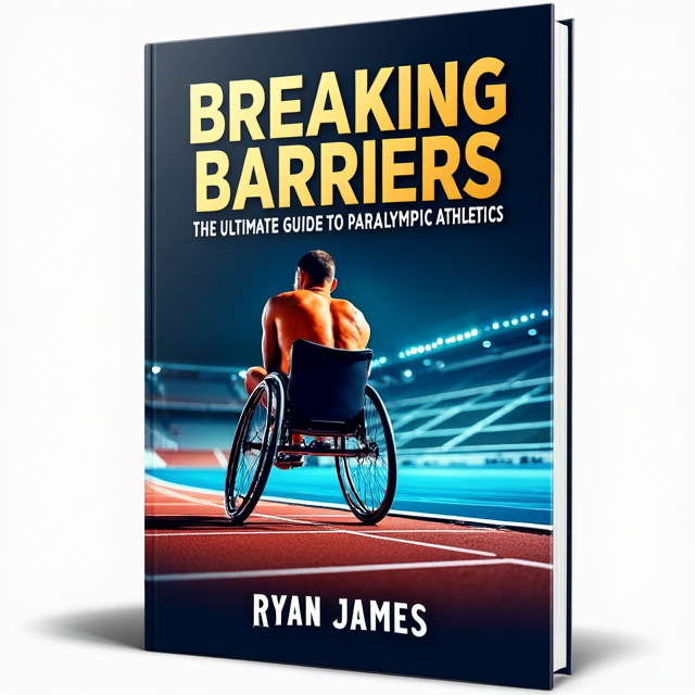 The cover features a dynamic image of a Paralympic athlete in action, positioned slightly off-center to draw immediate attention. The background is a gradient transitioning from dark navy at the top to lighter blue at the bottom, symbolizing progress and achievement. Subtle track lines are added as an abstract pattern for depth and to represent the athletics aspect.