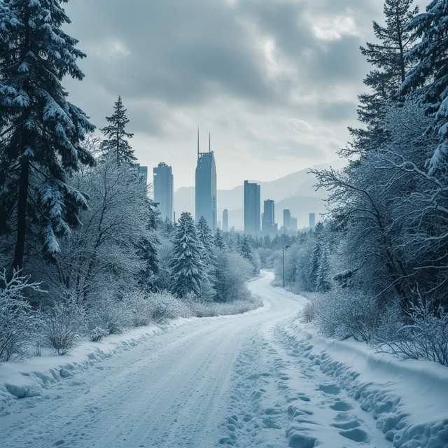 A snowy road winds through snow-covered trees. On the right side of the road, wolf tracks can be seen. In the background, in the distance, a city in ruins with tall skyscrapers and a gray and cloudy sky.