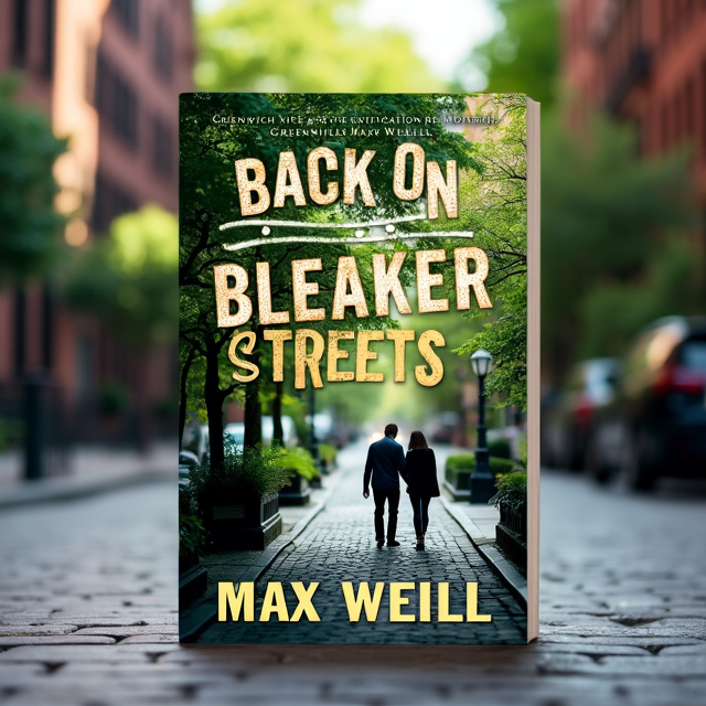 The cover features a close-up shot of a cobblestone street in Greenwich Village, New York. The street is surrounded by vibrant greenery, giving it a sense of life and energy. The title, "Back On Bleaker Streets," is displayed in bold, eye-catching letters across the top of the cover. A silhouette of a couple walking hand in hand is placed in the bottom right corner, adding a touch of romance and intrigue to the design.
