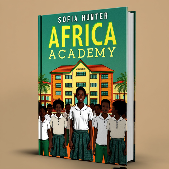 The cover features a large school building outline with African-inspired patterns and vibrant colors. In the foreground are students wearing white shirts with white collar and cuffs, made of Ankara fabric. A female student is seen wearing a dark green flat skirt.