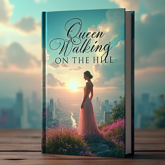 The cover features a stunning image of a queen, walking gracefully on a hill, against a backdrop of a vibrant city. The scene is portrayed in a dreamlike, slightly surreal style, with soft, pastel colors and a touch of mystery.