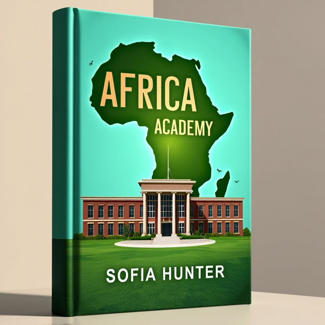 The cover features an outline of the map of Africa as the central element, with a vibrant green color scheme representing the lush landscapes of the continent. A large, modern and beautiful school is placed within the outline of the map, symbolizing the setting of the story. The title "Africa Academy" is prominently displayed at the top, while the author's name, Sofia Hunter, is shown at the bottom of the cover.