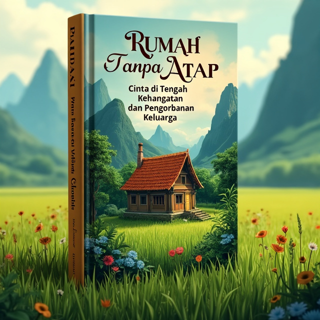 The cover features a stunning illustration of a house without a roof surrounded by a lush green paddy field and towering mountains in the background. The scene conveys a sense of warmth and tranquility in the midst of challenging circumstances.