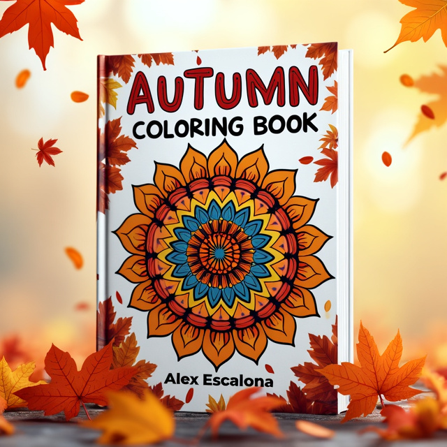 A vibrant mandala in the center, transitioning from black and white to bright autumn colors like oranges, reds, and yellows. The mandala is surrounded by falling leaves in various shades of brown and orange, creating a sense of movement and capturing the essence of autumn. The background is a subtle gradient of pale yellow to white, adding a touch of tranquility to the overall design.