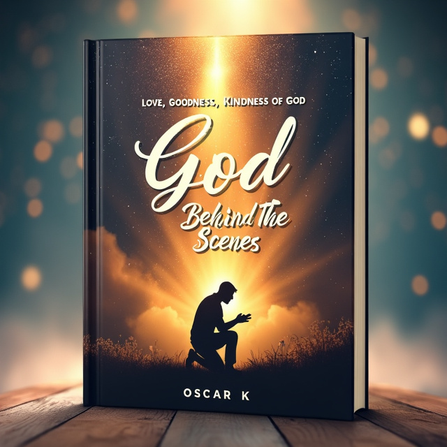 The cover will feature a celestial background with a burst of light shining down on a silhouette of a person kneeling in prayer. The silhouette will be surrounded by the words "Love, Goodness, Kindness of God" in a flowing script font, with the word "God" emphasized in a bold and prominent manner.
