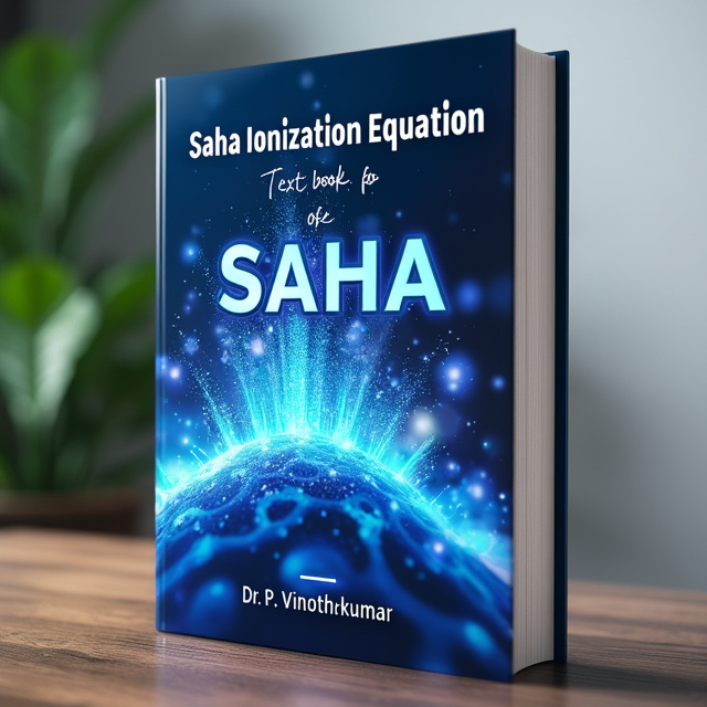 The cover features a close-up image of a blue ionization process, with vibrant sparkles surrounding the letters "Saha" in the title. The background consists of an abstract blue gradient, representing the science and technology genre.