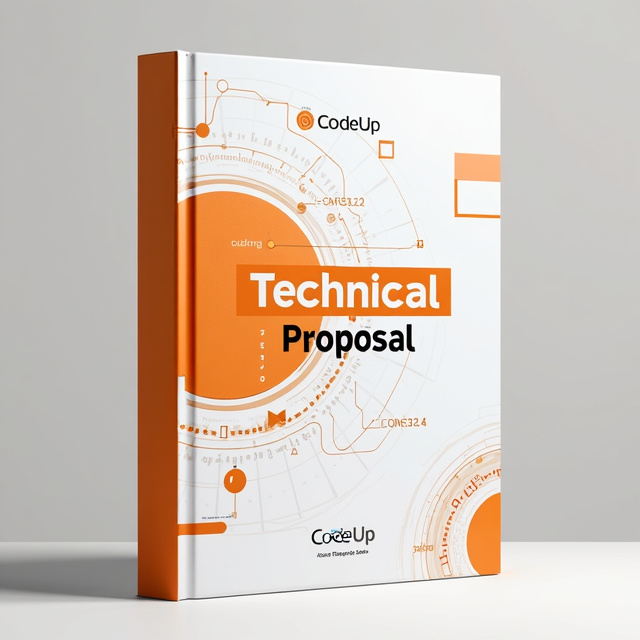 The cover features a clean and modern design with a dominant color scheme of orange and white. The background is white, with a subtle gradient effect. In the center, the Company logo "CodeUp" is prominently displayed, with the words "Technical Proposal" below it. To add a touch of coding and programming, there are abstract lines and shapes in orange and white, representing code snippets. These elements are scattered across the cover in a balanced and visually pleasing manner.