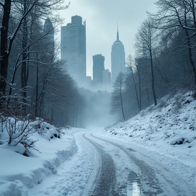 A snowy road winds through snow-covered trees. On the right side of the road, wolf tracks can be seen. In the background, in the mist, a city in ruins can be seen, with tall skyscrapers and a gray and cloudy sky.
